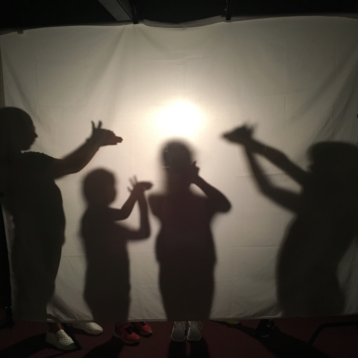 Four elementary aged actors stand behind a sheet creating shadow puppets