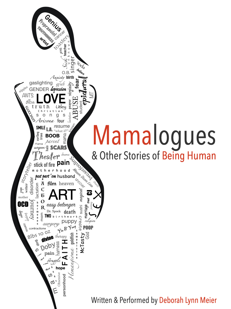 Word cloud with words which describe Deborah's experience of motherhood with title "Mamalogues and Other Stories of Being Human" written and performed by Deborah Lynn Meier