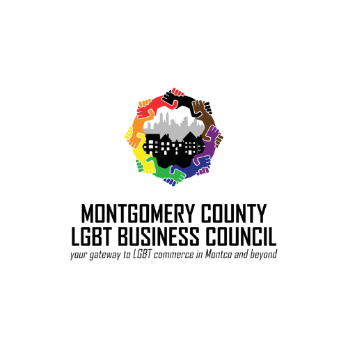 Montgomery County LGBT Business Council Logo, multi-colored hands join in a circle around a city skyline